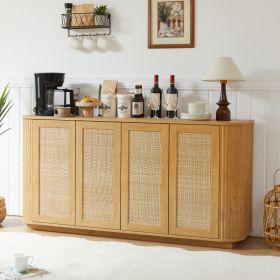 64-inch Wave Shaped TV Stand, Rounded Corner Sideboard, Storage Cabinet, Buffet, Wood Vertical Striped Cabinet With Rattan Doors For Kitchen Bedr (Option: Natural)